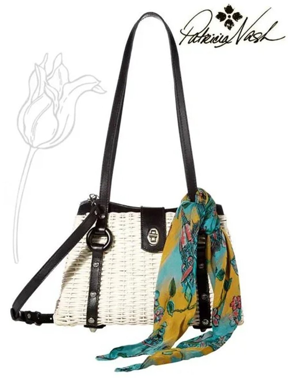 Patricia Nash Marcianise Satchel with Natural Wicker and Leather Trim NWOT